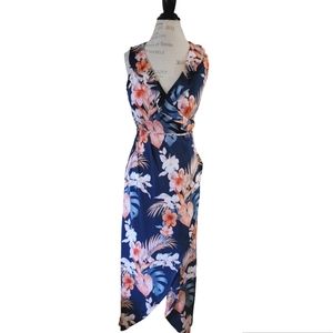 Hawaiian Print Wrap Ruffle V-neck line Sleeveless long Dress